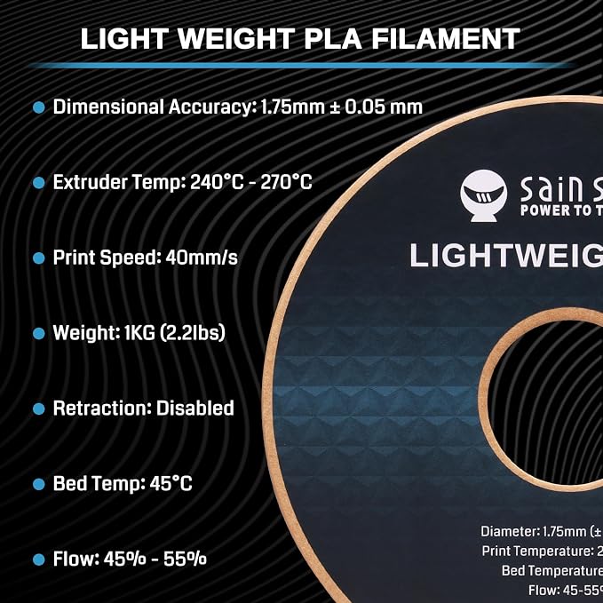 SainSmart Light Weight Filament 1.75mm, 1KG, LW-PLA Low-Density Active Foaming 3D Printer Filament for RC Planes Drone Parts and Cosplay, Black PLA Filament