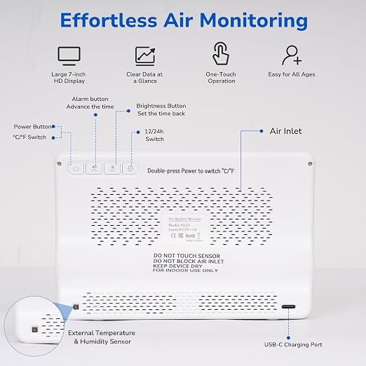 Fil-Fresh 16 in 1 Air Quality Monitor Indoor, CO2 Monitor Air Quality Tester with 9 Display+7 AQI Alerts for CO2, TVOC, HCHO, PM2.5, PM1.0, PM10, Time, Temperature, Humidity Meter, 7" Large Display