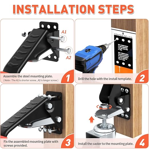 SPACEKEEPER Workbench Casters Kit 880 Lbs - 3 Inch Heavy Duty Retractable Caster Designed for Workbenches Machinery & Tables, 4 Pack