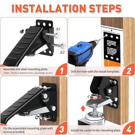 SPACEKEEPER Workbench Casters kit 920 Lbs Retractable Casters Heavy Duty Bench Caster Wheels Side Mounted Retractable Workbench Wheels Designed for Workbenches Machinery & Tables, 4 Pack
