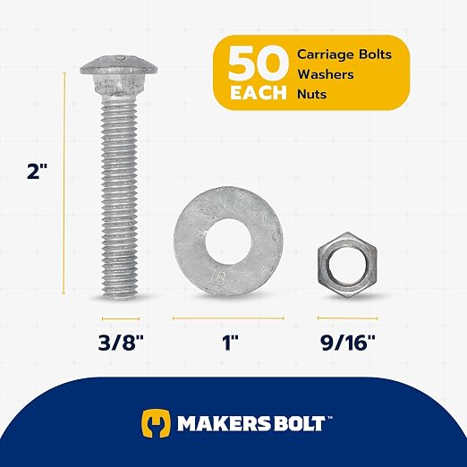 3/8" x 2" (50 Pack) Galvanized Carriage Bolt Kit, Grade 307A, Hot Dip Galvanized for Exterior Use by Makers Bolt