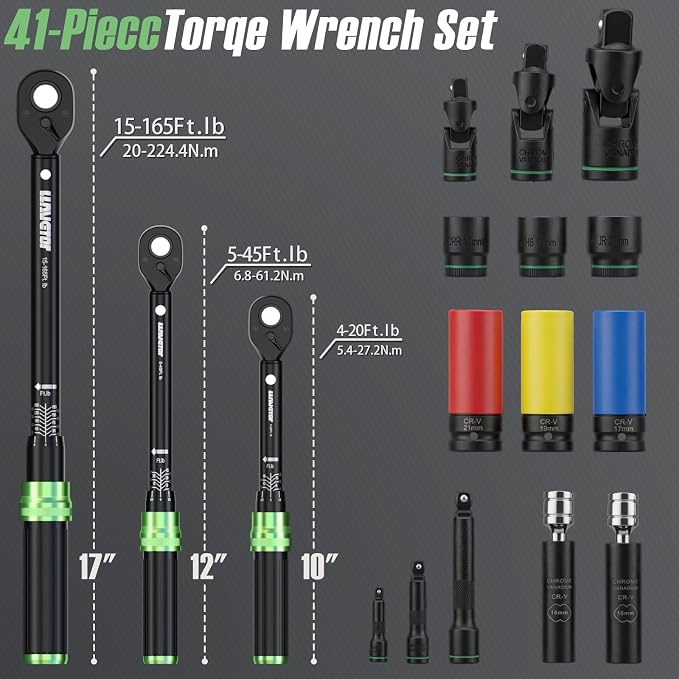Torque Wrench Set, 1/4 3/8 1/2 Drive 41-Piece Kit with Sockets & Extensions, ±3% Accuracy Dual Scale, CR-V Steel, 72-Tooth Ratchet for Auto, Bike, Moto Repair & Industrial