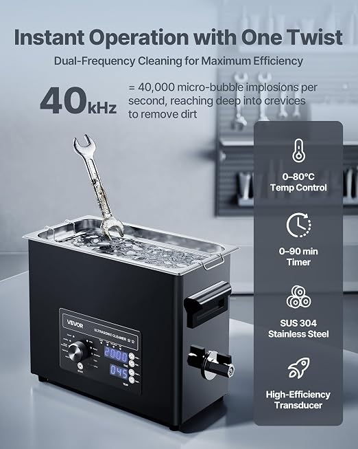 VEVOR 6L Ultrasonic Cleaner, Professional Ultrasonic Cleaner Machine with Knob Control, Stainless Steel Cleaning Machine with Basket and Cleaning Ball, for Watches, Razors, Jewelry, Coins and More