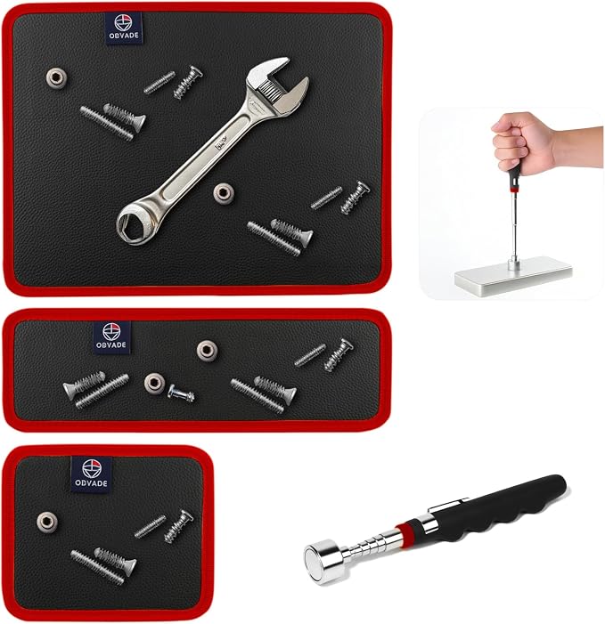 Magnetic Tool Mat Set, 4 Pack Tool Mat Set with Telescoping Pickup Tool | 40LB Strong Magnetic Mat for Tools | Screws & Parts Garage Workshop Organizer for Mechanics & DIY(Red)