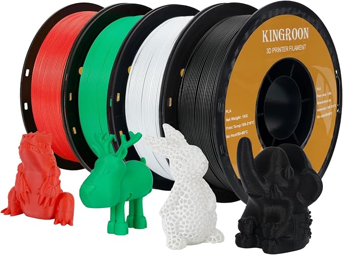 Kingroon PLA 3D Printer Filament, Dimensional Accuracy +/- 0.02 mm, 1 kg Spool(2.2lbs), 1.75 mm, 4KG Black+White+Green+Red