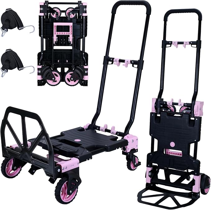 JJSMKCH 2 in 1 Folding Hand Truck,330LB Capacity Hand Truck Foldable,Dolly Cart with Wheels and 3-Speed Adjustable Handle,Portable Hand Cart,Collapsible Dolly for Moving (Pink)