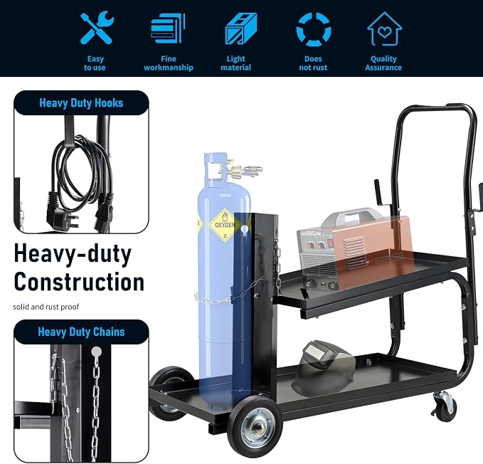 Welding Cart, MIG TIG ARC Welder Cart w/Upgraded Handle, Galvanized Casters， 330lbs Capacity Portable Welding Tank cart, Plasma Cutting Machine, Larger Running Gear with Cylinder Rack