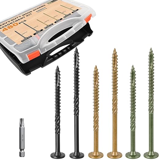 #14 Heavy-Duty Wood Screws Assortment Kit, 480Pcs Star Drive Decking Wood Screws, Rust Resistant Timber Screws for Log/Landscaping Wood (2-7/8",6") Black, Tan, Green