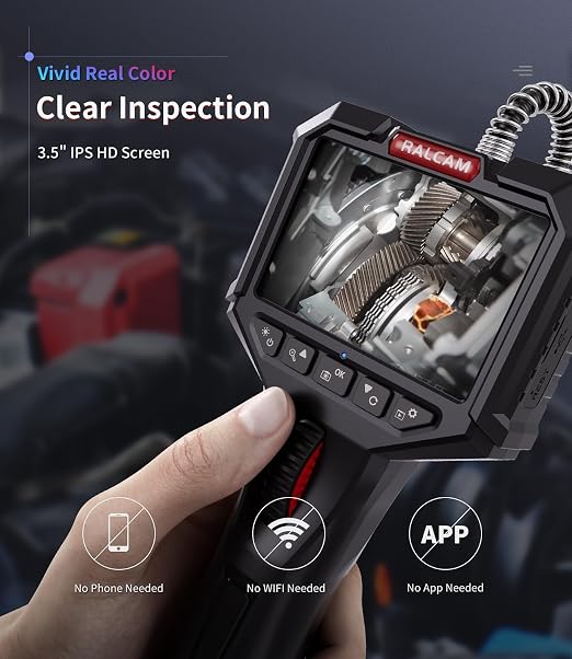 Ralcam Two-Way Articulating Borescope, 0.24in/6.2mm Inspection Endoscope Camera with Light HD 6.6FT Semi-Rigid Cable Video Snake Camera Scope for Automotive Aircraft Mechanics