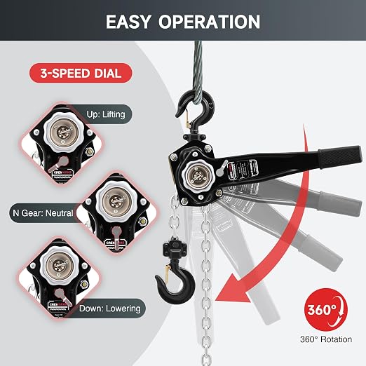 CREWORKS Lever Chain Hoist, 1-1/2 Ton 3300 lb Capacity 20 ft Manual Chain Hoist with G80 Galvanized Chain & Swivel Hooks, Heavy Duty Manual Lever Hoist for Construction Warehouse Automotive Factory