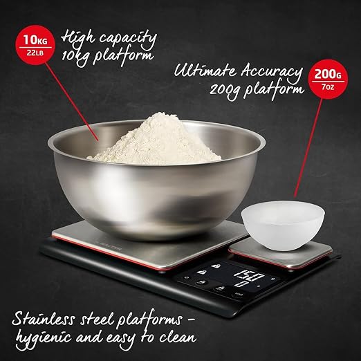Heston Blumenthal Dual Platform Precision Scale by Salter, 10kg Capacity, Ultimate Accuracy Platforms, Easy-to-Read Digital Display, Measures Metric and Imperial Weight, Aquatronic Feature - Black