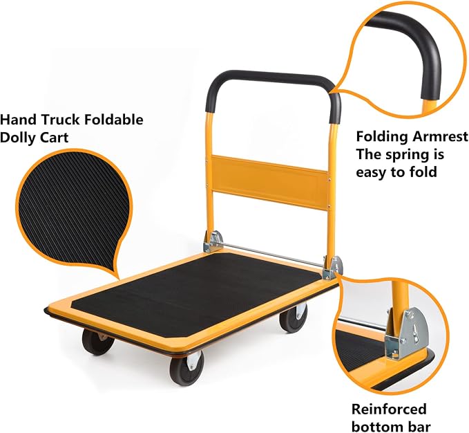 LEADALLWAY Platform Truck Large Size 880lbs 35.8x24x34.3inches Yellow with 2 Rope+Collapsible Service Cart