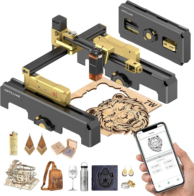 Artilume Laser Engraver Portable Cutter Machine APP-Control Riser & Protective Casing for Small Business 200x150mm Working Area for Wood Leather Acrylic Coated Metal–DIY & Crafting T1-7W