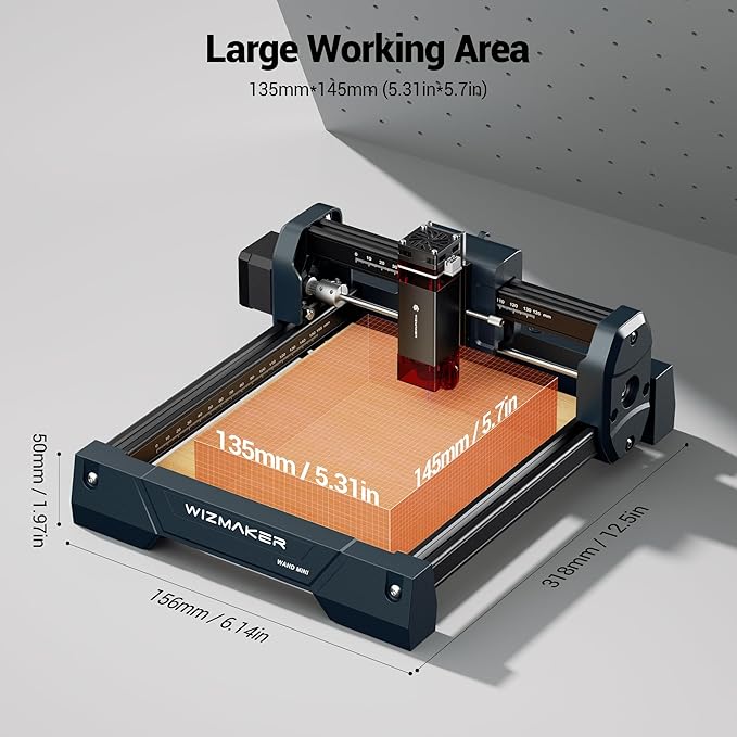 WIZMAKER Wand MINI 3.5W Laser Engraver, Beginner DIY Wood, Leather, Paper, MDF, Acrylic Engraving Machine, 135×145mm, WiFi/USB/Hotspot, LaserGRBL 3500mW