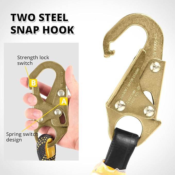 TRSMIMA Rope Harness Safety Lanyard：25/50/100/150ft Vertical Roofing Rope Grab Snap Hooks Shock Absorber Fall Protection Kit