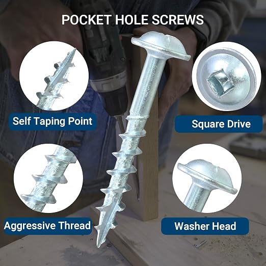 600-Pack #8 x 1-1/4" Interior Pocket Hole Screws – Coarse Thread, Square Drive, Washer Head, Zinc Plated – Includes 150mm Drive Bit