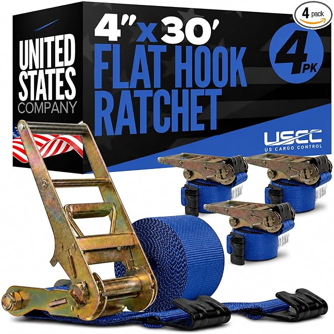 US Cargo Control Flat Hook Ratchet Straps 4” x 30’ (4-Pack), 5,400 LBS Working Load Limit, Blue 4 Inch Ratchet Straps with Black Flat Hooks, Professional 4 Inch Straps for Flatbed Trailers