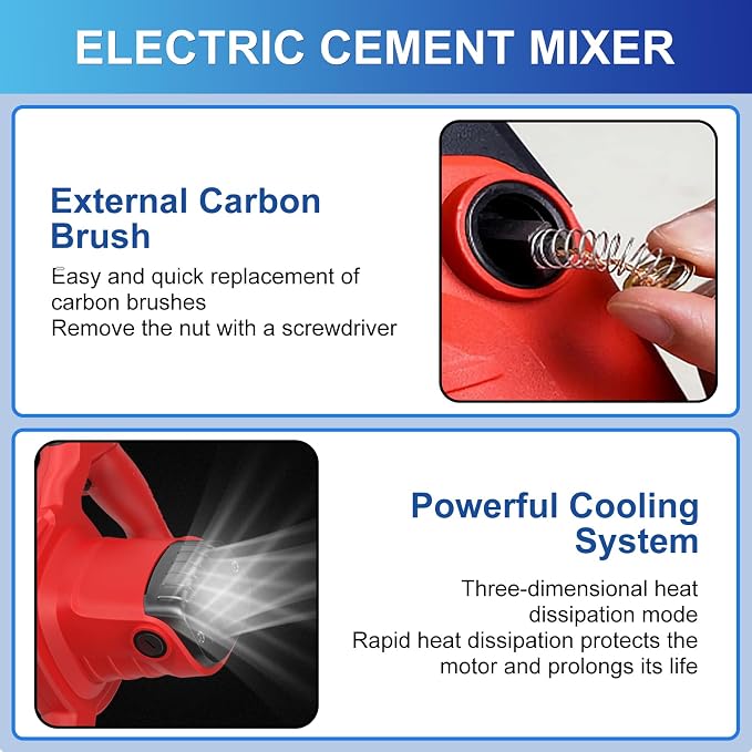 Electric Handheld Cement Mixer, 2pcs Mixing Heads Included, Portable Mortar Mixer with 6 Adjustable Speed, 110V Mud Mixer for Mixing Plaster,Cement, Paint, Fodder