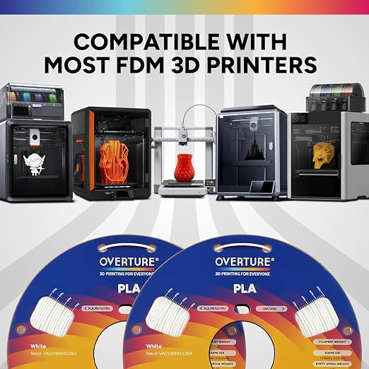 OVERTURE PLA Filament 1.75mm PLA 3D Printer Filament, 2kg Cardboard Spool (4.4lbs), Dimensional Accuracy +/- 0.02mm, Fit Most FDM Printer (White 2-Pack)