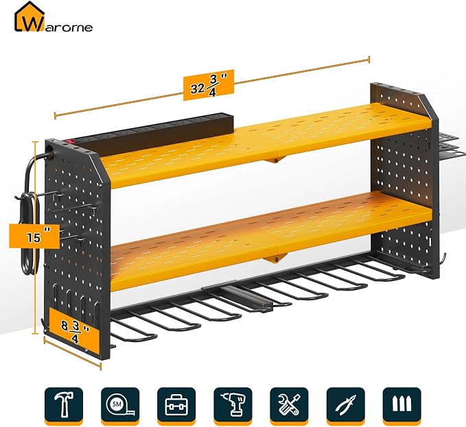 Warome Tool Organizer with Charging Station, Power Tool Rack Wall Mount with 8-Outlet Power Strip, Tool Storage for Garage with 8 Cordless Drill Holders, Battery Utility Shelf in Yellow