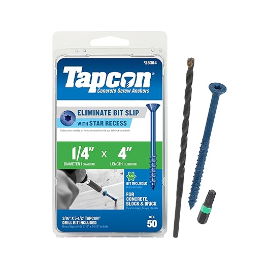 Tapcon 1/4 x 4 Inch Blue Climaseal® Star Head Concrete Anchors, 50 PCS, Corrosion Resistant Coating, Heavy-Duty Concrete and Masonry Screws, Superior Holding Strength, Drill & T-30 Bit Included