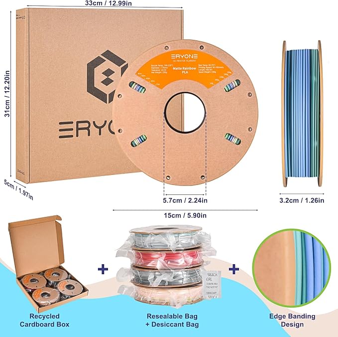 ERYONE PLA Filament 3D Printer Filament Bundle Multicolor 1.75mm +/- 0.03mm, PLA Filament 250g Spool, 4 Rolls, Silk Rainbow 2