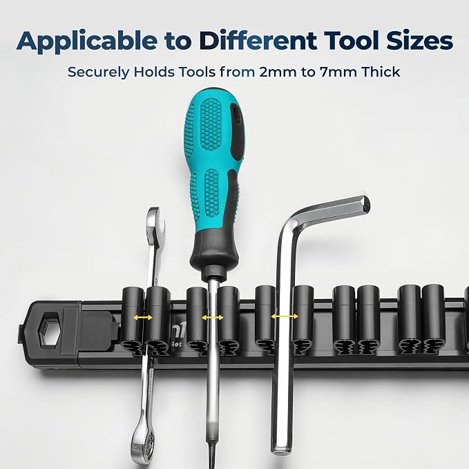 Reniteco Magnetic Screwdriver Organizer and Magnetic Wrench Organizer, Aluminum Rail Tool Holder, 12 Removable Clips, Fits Screwdrivers, Wrenches & Hand Tools, Dual Mount, Tools Not Included