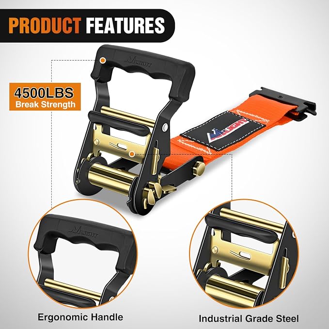 Nilight Wheel Chock Tie Down Kit 4500lb Break Strength 2Pcs E Track Ratchet Straps 4 Pcs Heavy Duty Trailer Tire Straps System for ATV, UTV, Lawn Mower,SXS 10 in-30 in Diameter Tires Orange