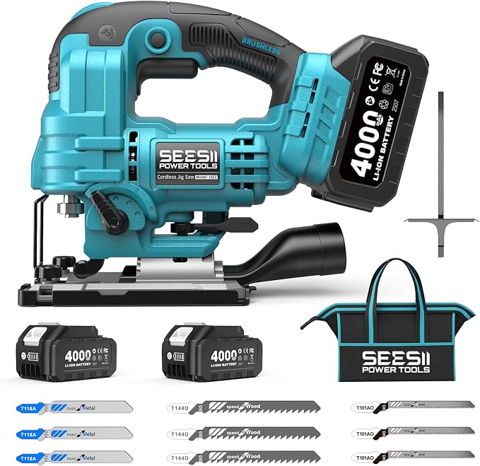 SEESII Brushless Jig Saw, Cordless Jigsaw Tool 2×4.0Ah Batteries | 0–45° Bevel Cut, 3500 SPM Variable Speed, 4 Orbital, Electric Jig Saw for Woodworking, Cutting Wood Metal PVC