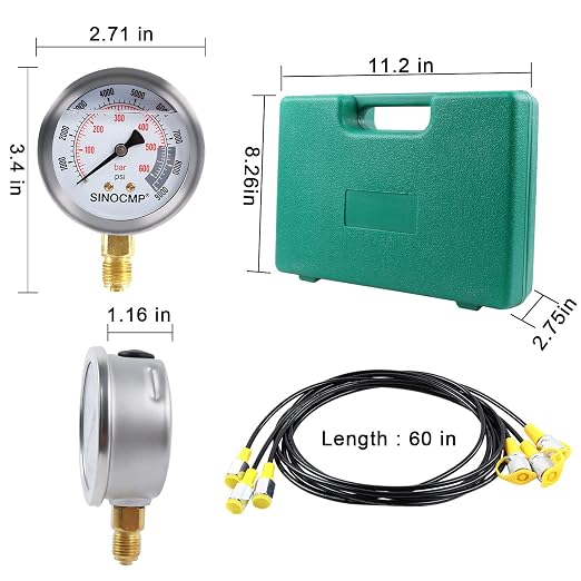 Hydraulic Pressure Test Kit, 3 Pressure Gauges 25Mpa/40Mpa/60Mpa 6 Test Couplings 3 Test Hoses 1 Storage Case Diagnosis Tester Gauge Set for Excavator Construction Machinery Upgraded Version