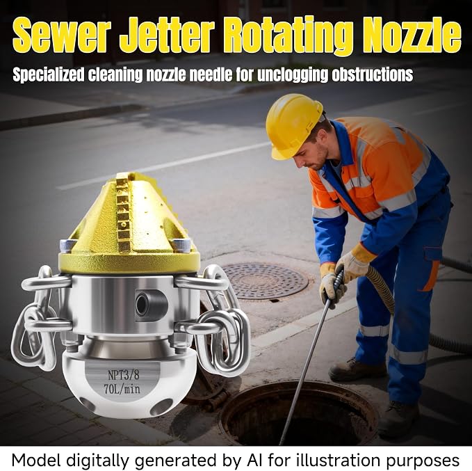 3/8 NPT Sewer Jetter Rotating Nozzle Root, 70L/Min High Pressure Cleaning Tool (with Detachable Chain), 360° Rotating, Suitable for Home Drains, Commercial Pipes, Industrial Pipes