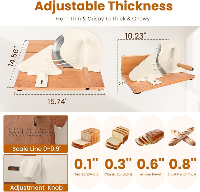 Heavy-Duty Bread Slicer Hand Crank with Foldable 14.6" Beech Base | Industrial 45# Steel & 601 Blade Cuts Tall Sourdough & Long Baguette | Metal Guide & Adjustable Thickness,Scale Line and Suction Cup