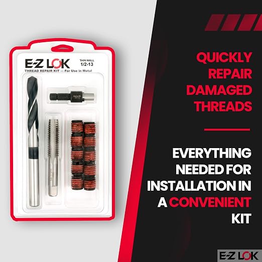 E-Z LOK EZ-310-8 Thread Repair Kit for Metal Carbon Steel Threaded Inserts 1/2-13 and Installation Tools, Black