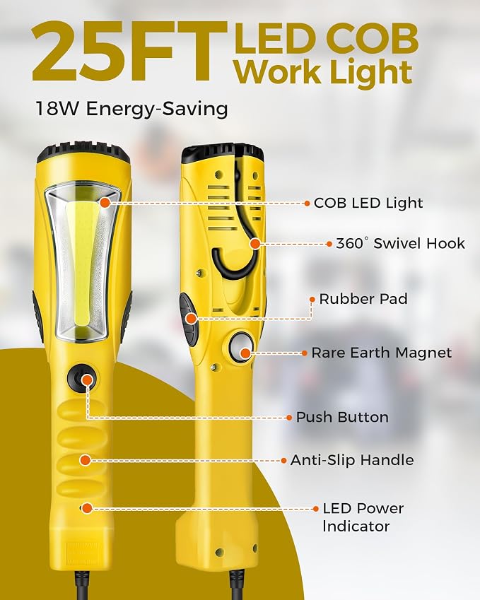 18W LED Work Light and Extension Cord Storage Reel with 4-Grounded Outlet & 2 USB Port Bundle, for Garage, Workshop, Car Repair Scene, ETL Listed Y04WL06-R85CR06