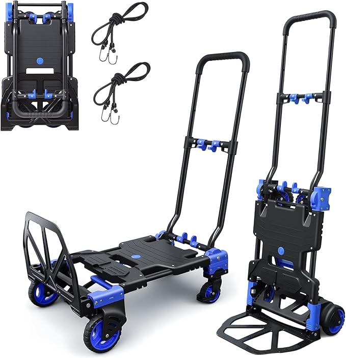 2 in 1 Folding Hand Truck,330lbs Capacity Heavy Duty Hand Truck,with Telescoping Handle and Rubber Wheels,Portable Dolly Cart with Bungee Cords for Moving,Travel,Shopping