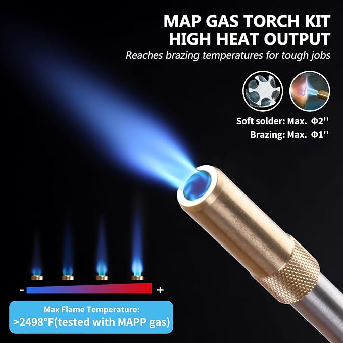 Propane Torch Kit with 4.9-Ft Hose, Adjustable Flame for HVAC | Brass Blow Torch Head 2527°F, Propane & MAPP Gas Compatible, Self-Igniting for Easy Startup