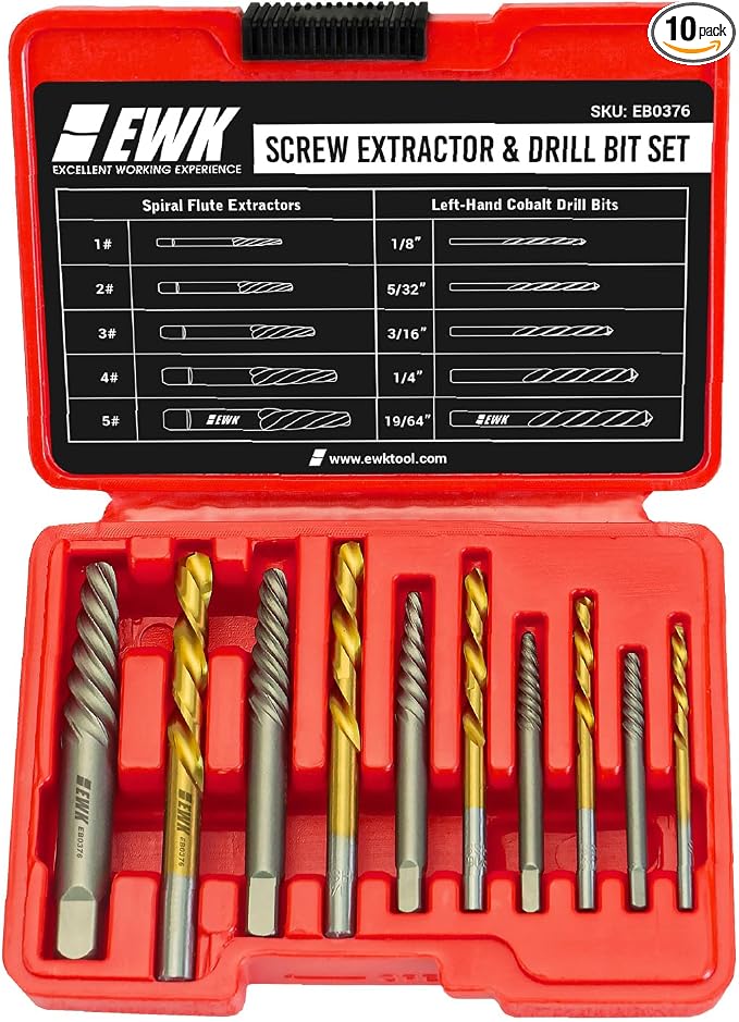 EWK 10 Pcs Screw Extractor Set with HSS Left-Hand Drill Bit, CR-MO Spiral Screw Removal Tool for Stripped, Broken, Damage Rust Screws