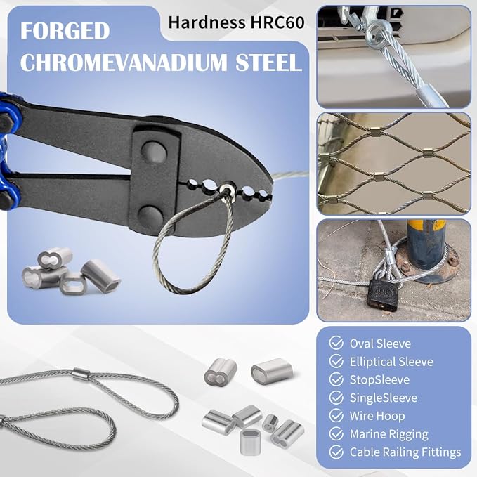 Wire Rope Crimping Tool, 24 Inch Hand Swaging pliers, 5 Cavity 1/16" 3/32" 1/8" 5/32" 3/16", Crimping Tools for Copper and Aluminum Oval Sleeves and Stop Sleeves