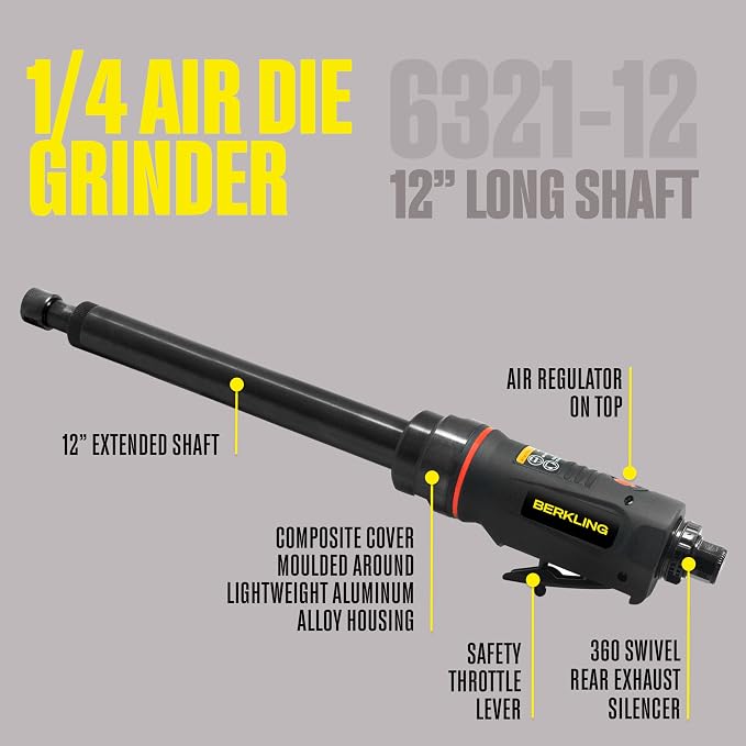 BT 6321-12 | 12" Extra Long Extension 1/4“ Straight Air Die Grinder, Professional Grade Heavy Duty Variable High Speed (Straight, 12" Extension)