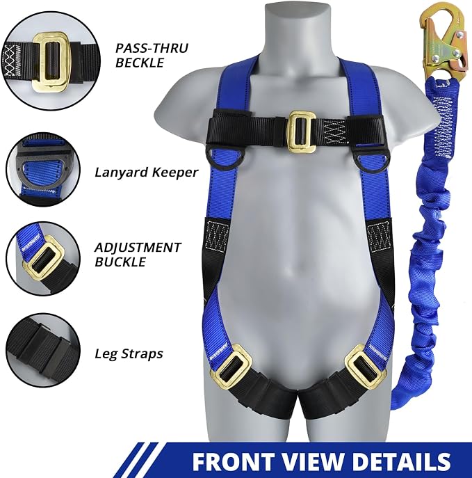 TRSMIMA Safety Harness Fall Protection - Full Body Construction Roofing Harness Kit Attached 6 ft Lanyard ANSI