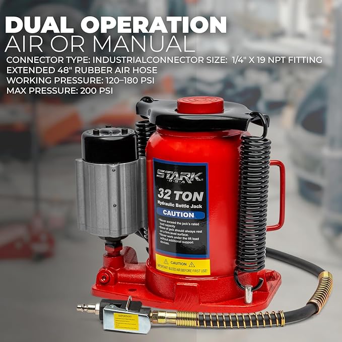Stark USA 32-Ton Hydraulic Bottle Jack Air-Operated Bottle Jack Lift (64,000lbs) Capacity Portable Low Profile Manual Hydraulic Jack with Handle