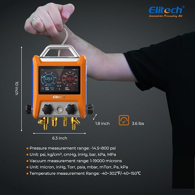Elitech Digital 4 Valve Manifold Gauge HVAC with Refrigerant Hoses, Vacuum Micron Gauge, Thermometer Clamps, OTA Upgrade, Wireless APP Control, EMG-40VPro