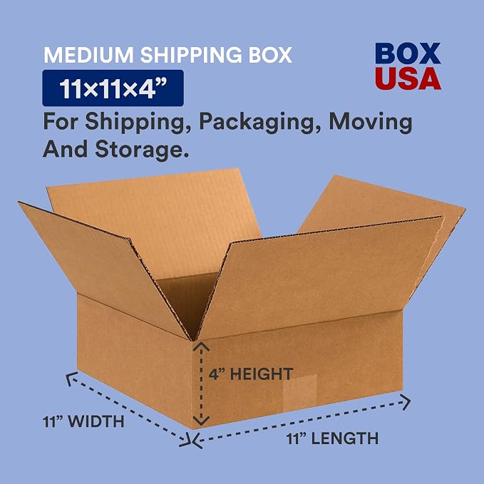 BOX USA 11 x 11 x 4 Corrugated Cardboard Boxes, Flat 11"L x 11"W x 4"H, Pack of 25 | Shipping, Packaging, Moving, Storage Box for Home or Business, Strong Wholesale Bulk Boxes
