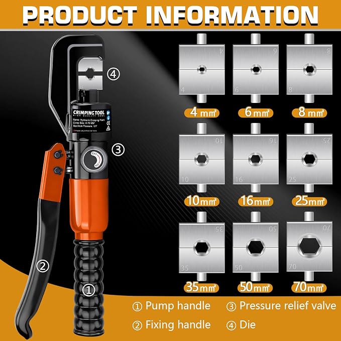Hydraulic Crimping Tool Set with Cable Cutter, 10 Tons Battery Cable Crimper Tool with 12 AWG to 00 (2/0), Terminal Cable Wire Tool Kit with 9 Die (12awg~00awg Crimping Tool), Orange
