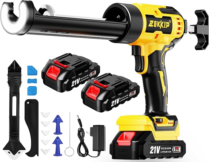 Electric Caulking Gun, Cordless Caulking Gun with 2x 2000mAh Batteries, 13Pcs Silicone Caulking Tools, 6 Adjustable Speeds, LED Light, Battery Powered Caulking Gun for Filling, Sealing