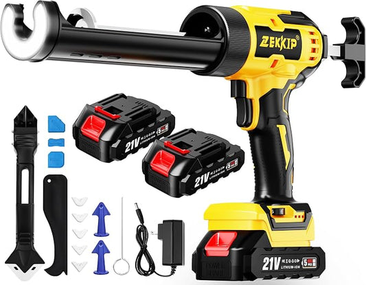 Electric Caulking Gun, Cordless Caulking Gun with 2x 2000mAh Batteries, 13Pcs Silicone Caulking Tools, 6 Adjustable Speeds, LED Light, Battery Powered Caulking Gun for Filling, Sealing