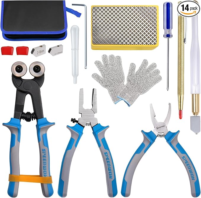 SPEEDWOX 14Pcs Premium Glass Running Breaking Pliers and Class Cutter Tools Kit Breaker Grozer Pliers Heavy Duty Glasses Cutting Tool with Rubber Tip Work Great for Stained Glasses, Tiles, Mosaic