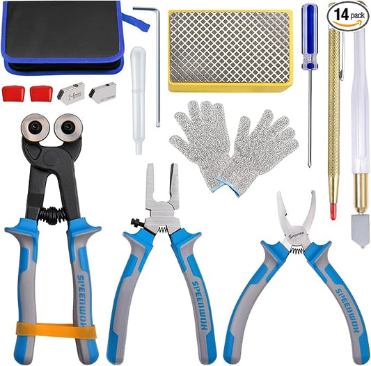SPEEDWOX 14Pcs Premium Glass Running Breaking Pliers and Class Cutter Tools Kit Breaker Grozer Pliers Heavy Duty Glasses Cutting Tool with Rubber Tip Work Great for Stained Glasses, Tiles, Mosaic