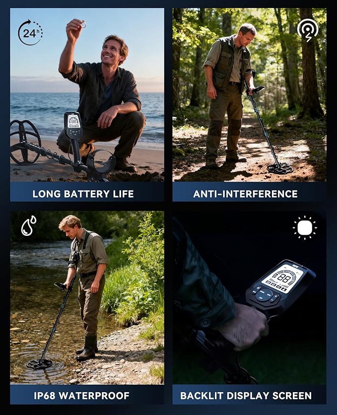 SUNPOW Professional Metal Detector for Adults Rechargeable - 6 Metal ID, IP68 Waterproof Coil, LCD Display, 5 Search Modes Metal Detector for Beach/River/Outdoor Treasure Hunting, OT-MD16