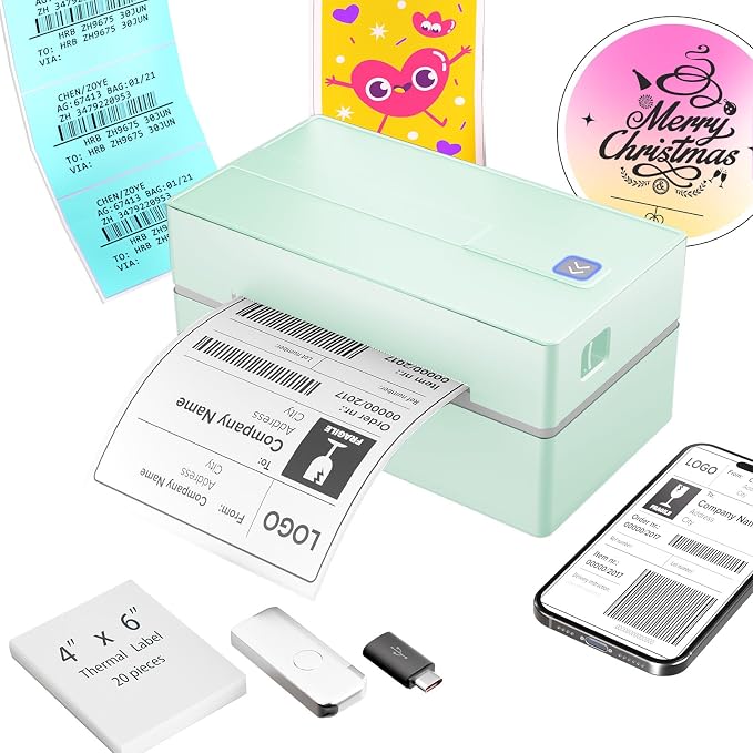 Bluetooth Thermal Shipping Label Printer: 4x6 Wireless Label Maker with Tape for Small Business - Compatible with iPhone, Android, Windows & Mac, Widely Used for USPS UPS Amazon Shopify, Green